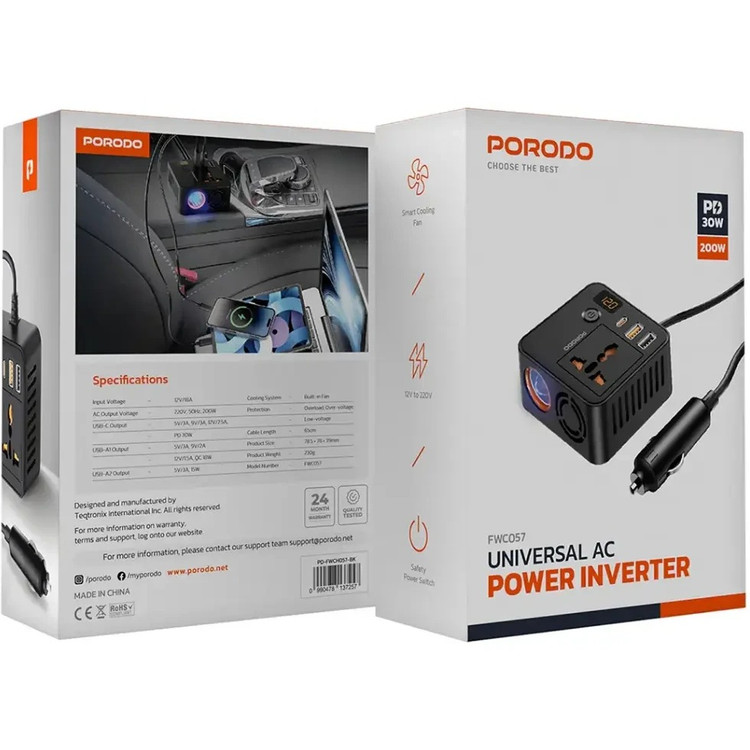 مبدل برق خودرو پرودو مدل Universal PD-FWCH057 200W با گارانتی 6 ماهه