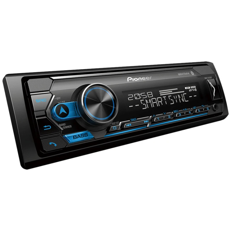 دستگاه پخش صوت خودرو پایونیر مدل MVH-S325BT با پنل جداشونده، پورت USB، خروجی سابووفر RCA، طراحی سبک 900 گرمی و پشتیبانی از موجهای رادیویی FM، AM و SW