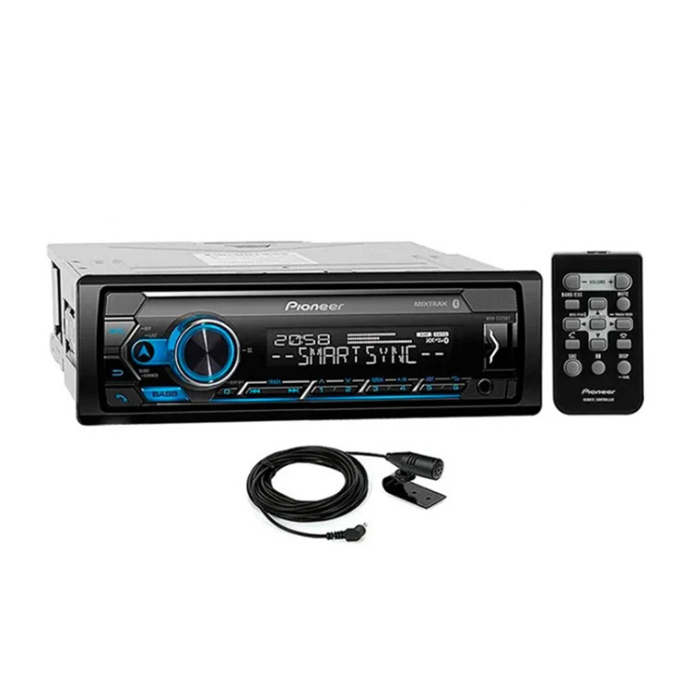 دستگاه پخش صوت خودرو پایونیر مدل MVH-S325BT با پنل جداشونده، پورت USB، خروجی سابووفر RCA، طراحی سبک 900 گرمی و پشتیبانی از موجهای رادیویی FM، AM و SW