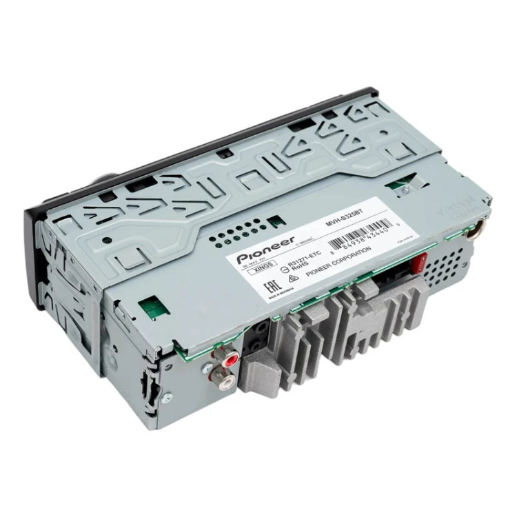 دستگاه پخش صوت خودرو پایونیر مدل MVH-S325BT با پنل جداشونده، پورت USB، خروجی سابووفر RCA، طراحی سبک 900 گرمی و پشتیبانی از موجهای رادیویی FM، AM و SW