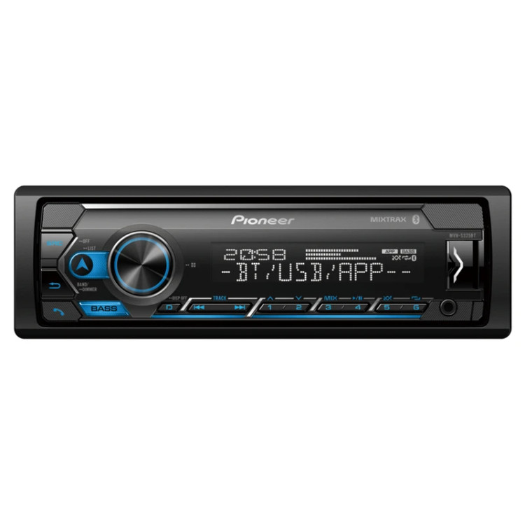 دستگاه پخش صوت خودرو پایونیر مدل MVH-S325BT با پنل جداشونده، پورت USB، خروجی سابووفر RCA، طراحی سبک 900 گرمی و پشتیبانی از موجهای رادیویی FM، AM و SW