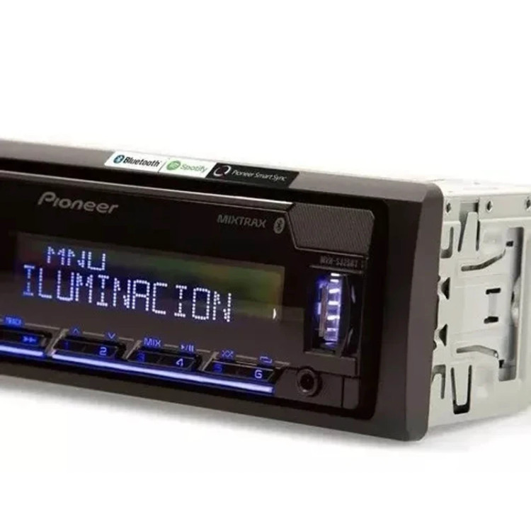 دستگاه پخش صوت خودرو پایونیر مدل MVH-S325BT با پنل جداشونده، پورت USB، خروجی سابووفر RCA، طراحی سبک 900 گرمی و پشتیبانی از موجهای رادیویی FM، AM و SW