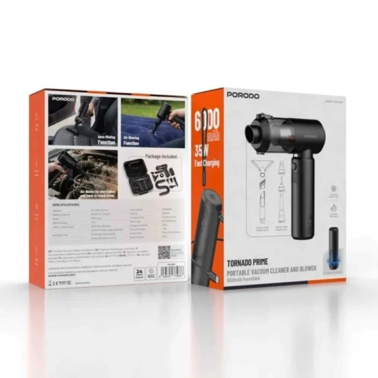 دمنده و مکنده شارژی پرودو مدل Tornado Pro PDM8DGY با موتور براشلس 90,000 دور در دقیقه، مکش 22,000 پاسکال، توان 140 وات، سه سطح تنظیم قدرت و باتری 8000 میلیآمپرساعت