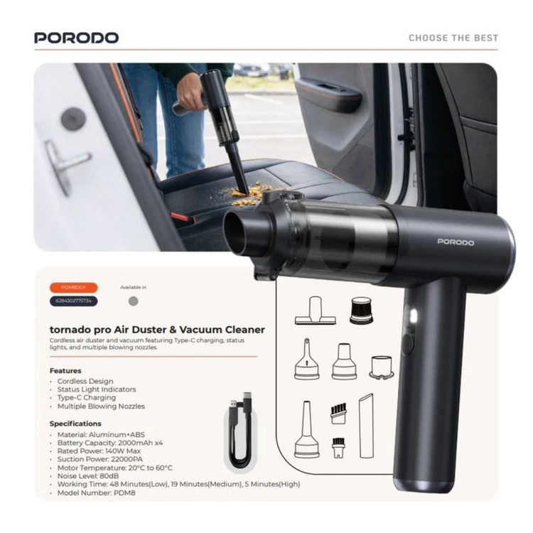 دمنده و مکنده شارژی پرودو مدل Tornado Pro PDM8DGY با موتور براشلس 90,000 دور در دقیقه، مکش 22,000 پاسکال، توان 140 وات، سه سطح تنظیم قدرت و باتری 8000 میلیآمپرساعت